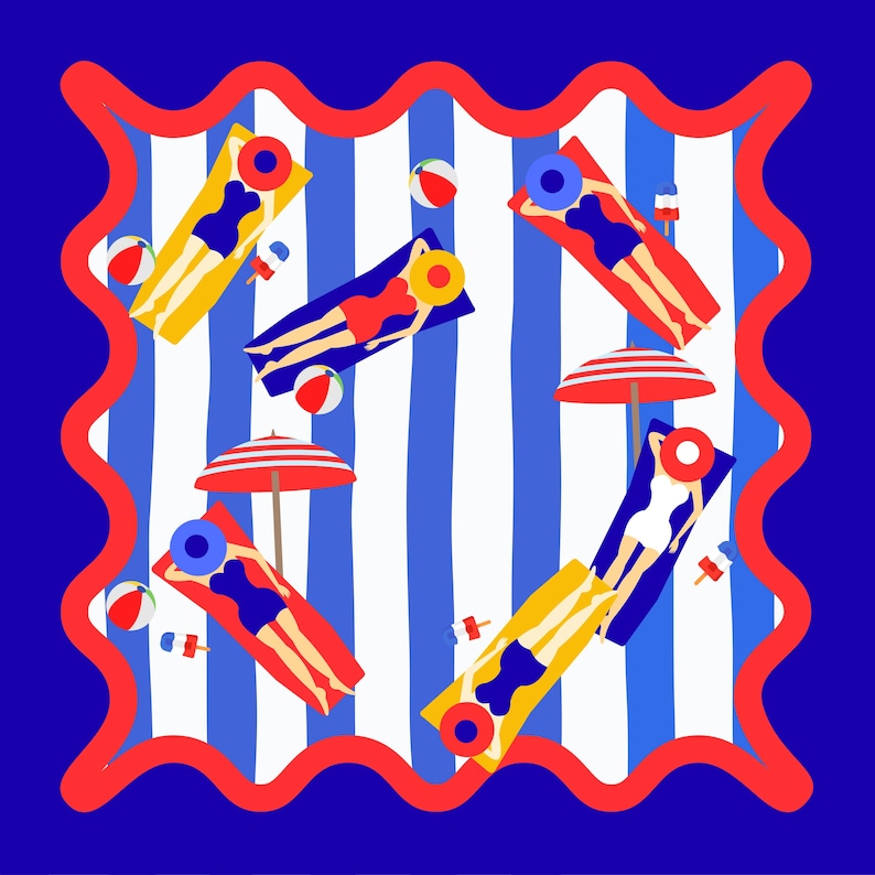 May include: A vibrant illustration depicting a beach scene. Figures are sunbathing on beach towels, with beach balls, parasols, and ice lollies. The scene is set against a blue and white striped background with a red border.