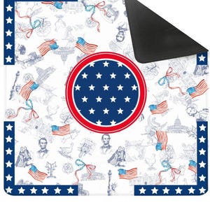 May include: A rectangular doormat with a patriotic theme. The white surface features illustrations of American landmarks, flags, and portraits, with a central circle of blue stars. A blue border with white stars frames the design.