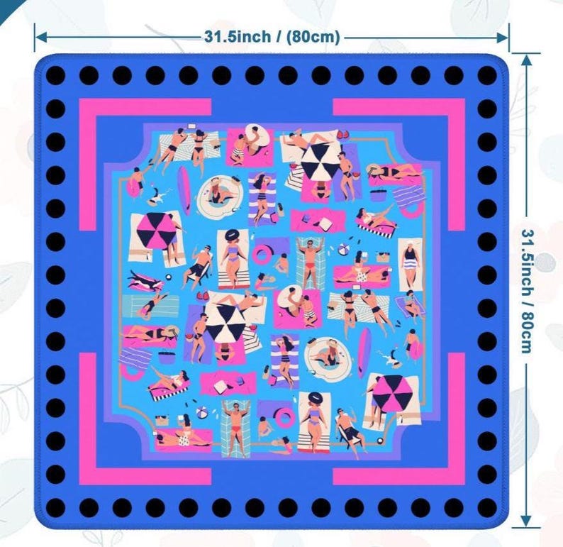 May include: A square beach mat, 31.5 inches (80 cm) on each side, featuring a vibrant illustration of people sunbathing. The mat has a blue border with black circles, a pink inner frame, and a light blue central design with beachgoers.