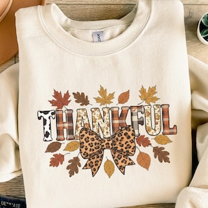 Thankful Digital PNG SVG, Leopard Bow Design, Autumn Leaves Graphic, Thanksgiving Sublimation File, Fall Gratitude Art, Plaid Cow Print
