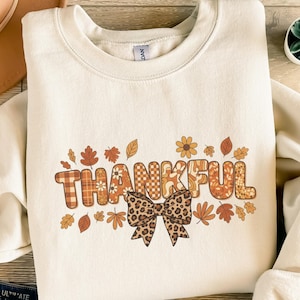 Thankful PNG, Leopard Bow SVG, Autumn Leaves Digital Download, Fall Sublimation Design, Thanksgiving Shirt Print, Boho Plaid Floral Graphic