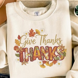 Give Thanks PNG, Fall Thanksgiving Clipart, Autumn Harvest Digital Download, Grateful Patchwork Applique Design, Holiday Sublimation File