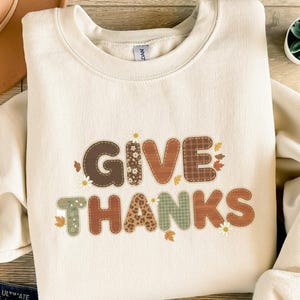 Give Thanks PNG Digital Download, Autumn Thanksgiving Clipart, Fall Patchwork Design, Quilted Letters, Sublimation Graphic, Instant Download
