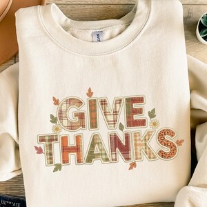 Give Thanks PNG, Fall Thanksgiving Digital Art, Plaid Patchwork Autumn Clipart, Harvest Decor Sublimation Design, Grateful Season
