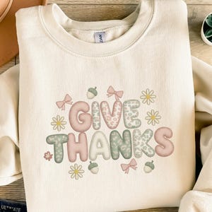 Give Thanks Digital PNG, Autumn Fall Thanksgiving Clipart, Sublimation Design, Rustic Cozy Stitched Letters, Daisies, Acorns, Leopard Print