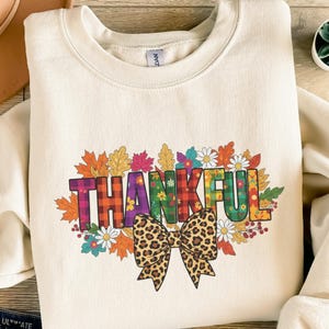 Thankful Leopard Bow SVG PNG Digital File, Fall Autumn Thanksgiving Gratitude Clip Art, Plaid Floral Leaves Sublimation Design