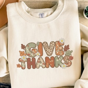 Give Thanks Digital PNG, Thanksgiving Sublimation, Autumn Clipart, Fall Shirt Design, Patchwork Floral Leopard Print, Instant Download