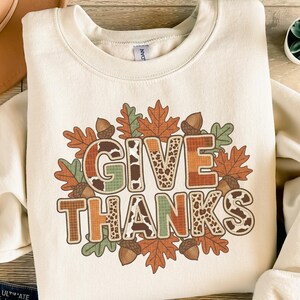 Give Thanks PNG, Thanksgiving Digital Download, Fall Leaves Acorn Sublimation Design, Autumn Plaid Cow Print Leopard Print File, Rustic