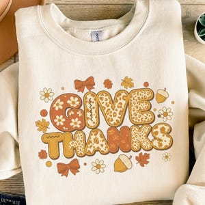 Give Thanks PNG Digital, Autumn Fall Sublimation Design, Thanksgiving Leopard Cow Print Floral, Retro Harvest Grateful Graphic, Instant