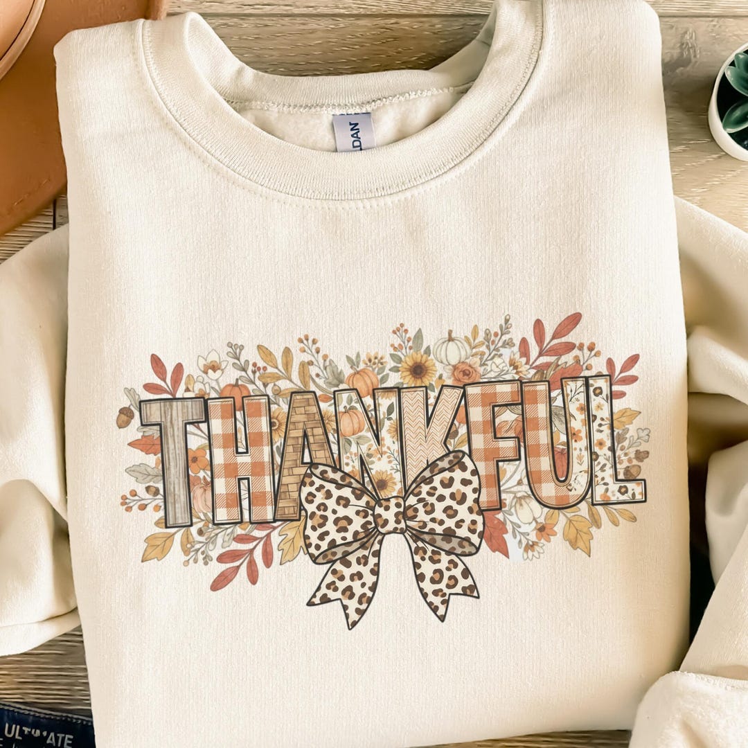 Thankful PNG SVG, Autumn Digital Design, Fall Leopard Print Bow, Plaid ...