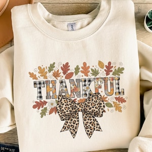Thankful Fall PNG SVG Digital Download, Autumn Leopard Print Bow Buffalo Plaid, Thanksgiving Gratitude Quote Sublimation Design, Leaves