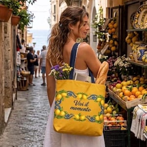 Tote Bag - Italian Lemon Majolica Shoulder Bag - Amalfi Coast Beach Bag - Mediterranean Yellow Cotton Bag - Positano Gift : "Yellow Lemon