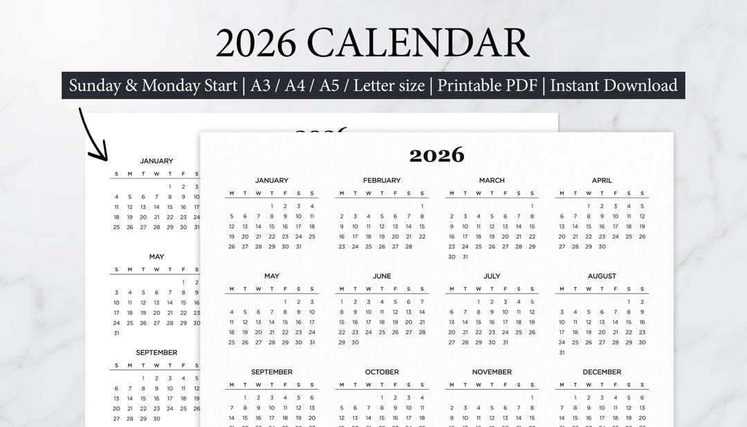 2026 Calendar Printable, Minimalist Year at a Glance, Single Page Wall ...