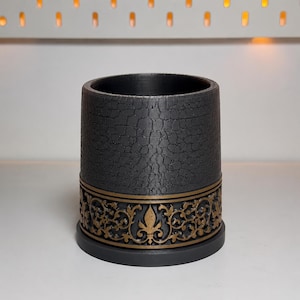 Charcoal Crackle Desk Caddy with Gold Filigree, Single 3D Printed Pen Holder, Heavy Ceramic Look Office Decor