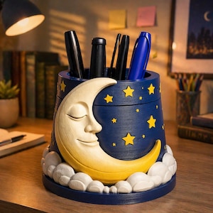 Celestial Moon Face Desk Cup, 3D Printed and Hand-Painted Stationery Holder with Starry Rim Accents