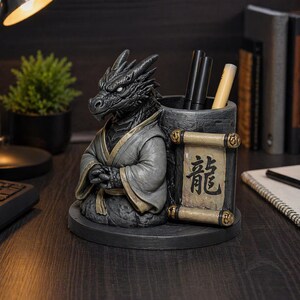 May include: A dark grey dragon-shaped desk tidy. The dragon is wearing a grey robe with gold trim and has a scroll with the Japanese character for "dragon." The tidy holds pens and pencils.