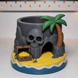 Secret Treasure Island Pen Holder, Hand Painted Desk Accessory, Unique 3D Printed Office Decor, Fantasy Isle Stationery Organizer