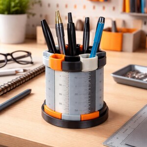 Vertical Ruler Tower Desk Stand with Precision Painted Details - Architectural 3D Printed Single Pen Organizer for Drafting and Design
