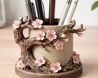手描きの桜の枝ペンホルダー｜3Dプリントの桜デスクデコレーション｜ユニークなペン用オーガナイザー