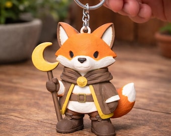 月の彫刻家キツネのキーホルダー | 手描きのマルチカラー3Dプリント職人キータグ - ユニークな一品