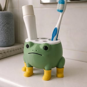 May include: A green frog-shaped toothbrush holder with black eyes and yellow boots. The holder contains a white tube of toothpaste and a toothbrush with a blue and white handle. The holder is on a white surface.