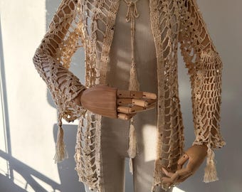 Boho Crochet Cardigan, Handmade Beach Cover Up, Lightweight Summer Kimono