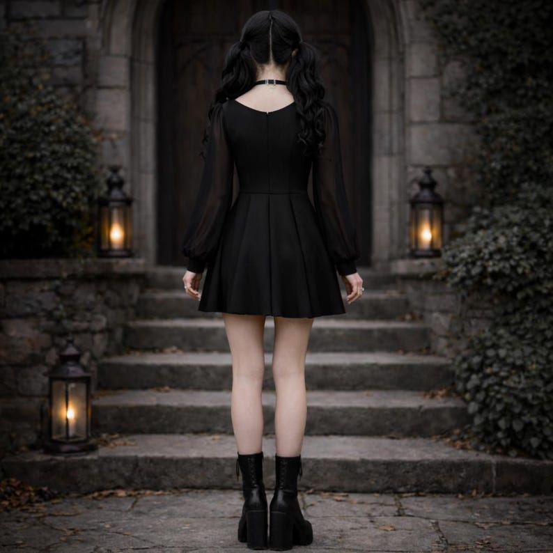 May include: A black long-sleeved dress with a scoop neckline and a flared skirt, paired with black ankle boots. The dress features sheer sleeves with fitted cuffs and a solid bodice. The ensemble is completed by a simple black choker necklace.