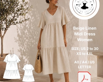 Beige Linen Midi Dress Sewing Pattern, Women's Bohemian Flowy Style (PDF Download)