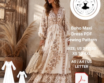 Boho Maxi Dress PDF Sewing Pattern, Long Sleeve V Neck (Digital Download)