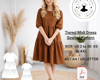 Cartamodello per abito midi a balze, stile cottagecore con maniche a sbuffo (download PDF)