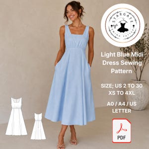 May include: A light blue midi dress with a square neckline, wide straps, and a gathered waistline. The image includes text: Stargate Sewing Pattern, Light Blue Midi Dress Sewing Pattern, Size; US 2 to 30, XS to 4XL, A0 / A4 / US Letter, and PDF.