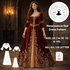 Puede incluir: Un patrón de vestido Rojo Renacimiento con un vestido largo de terciopelo rojo. El vestido presenta bordados dorados y un panel central dorado. Tallas US 2 a 30, XS a 4XL. La imagen incluye un icono PDF.