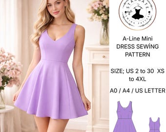Naaipatroon A-lijn mini-jurk – lavendel Fit & Flare (VS 2-30, XS-4XL) (digitale download)