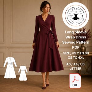 Peut inclure: Une robe portefeuille à manches longues en bordeaux profond avec un décolleté en V et une ceinture à nouer. L'image contient le texte : Stargate Sewing Pattern, Long Sleeve Wrap Dress Sewing Pattern PDF, SIZE; US 2 TO 30 XS TO 4XL, A0 / A4 / US LETTER, et une icône PDF.