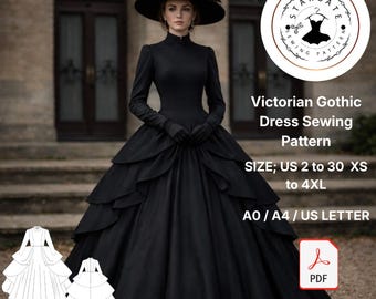 Victoriaans-gotische baljurk naaipatroon, historisch kostuum pdf (VS 2-30)