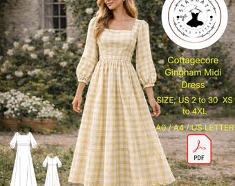 Cottagecore Gingham Midi Dress Sewing Pattern – Puff Sleeve (PDF Pattern, US 2-30/XS-4XL)