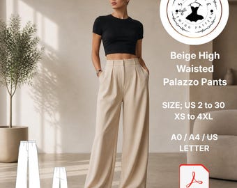 Naaipatroon beige palazzo-broek: hoog getailleerde broek met wijde pijpen (digitale download)