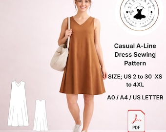 Casual A-Line Dress Sewing Pattern, Sleeveless V Neck PDF, Loose Fit Summer (Digital Download)