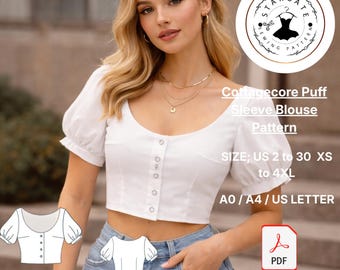 Cottagecore Puff Sleeve Blouse Sewing Pattern (PDF), Square Neck Peplum Top