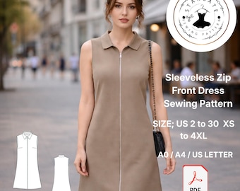 Naaipatroon mouwloze jurk met rits aan de voorkant, minimale A-lijn (pdf-download)