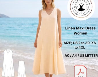 Naaipatroon linnen maxi-jurk, Beach Resort Wear voor dames (digitale download)