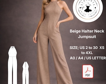 Beige Halter Neck Jumpsuit Sewing Pattern (Digital Download)