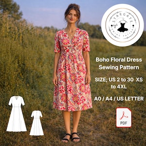 May include: A woman wearing a red floral print dress. The dress has a V-neck and short sleeves. The image also includes a sewing pattern for a Boho Floral Dress, sizes US 2 to 30, and a PDF icon.
