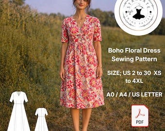Naaipatroon boho bloemen midi-jurk, zomerse v-hals pdf (VS 2-30)