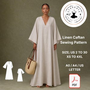 Mönster för sömnad av linnekaftan, bohemisk maxiklänning, kimonoärmar (PDF)