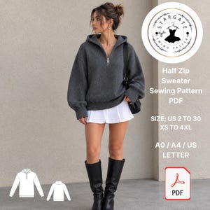 May include: A dark grey half-zip sweater with long sleeves and a hood, worn with a white pleated skirt and black knee-high boots. Text includes Stargate Sewing Pattern PDF, size US 2 to 30, XS to 4XL, and A0, A4, US Letter formats.