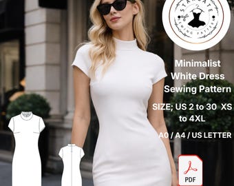 Minimalist White Dress Sewing Pattern, Bodycon High Neck Mini Dress (PDF Download)