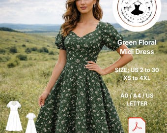 Green Floral Midi Dress Sewing Pattern, Cottagecore A-Line (Digital Download)