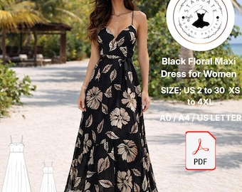 Naaipatroon zwarte maxi-jurk met bloemen – boho zomerjurk (digitale download)