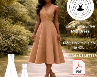Earth Tone Linen Midi Dress Sewing Pattern, Wrap A-Line Summer Style (Digital Download)